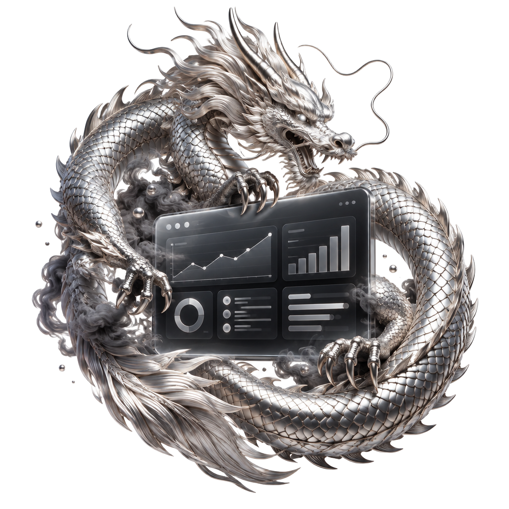 A silver dragon encircling a floating advertising account dashboard