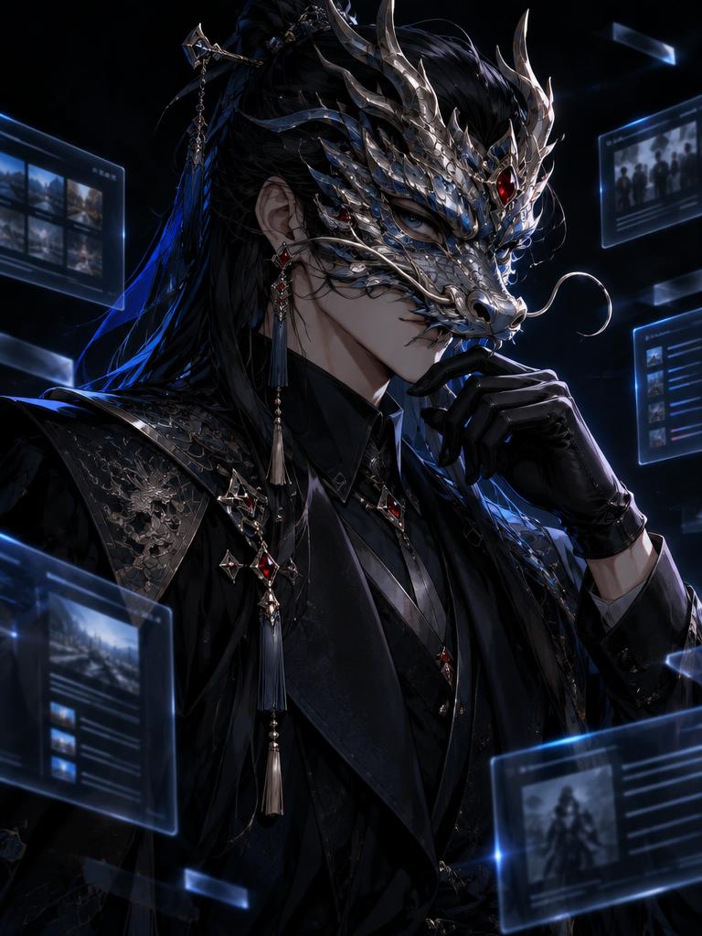 Anime portrait of a Google Ads moderator wearing an ornate dragon mask